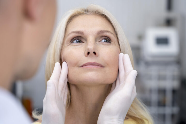 Mature woman with smooth skin being examined by a doctor, illustrating recovery progress after facelift surgery.