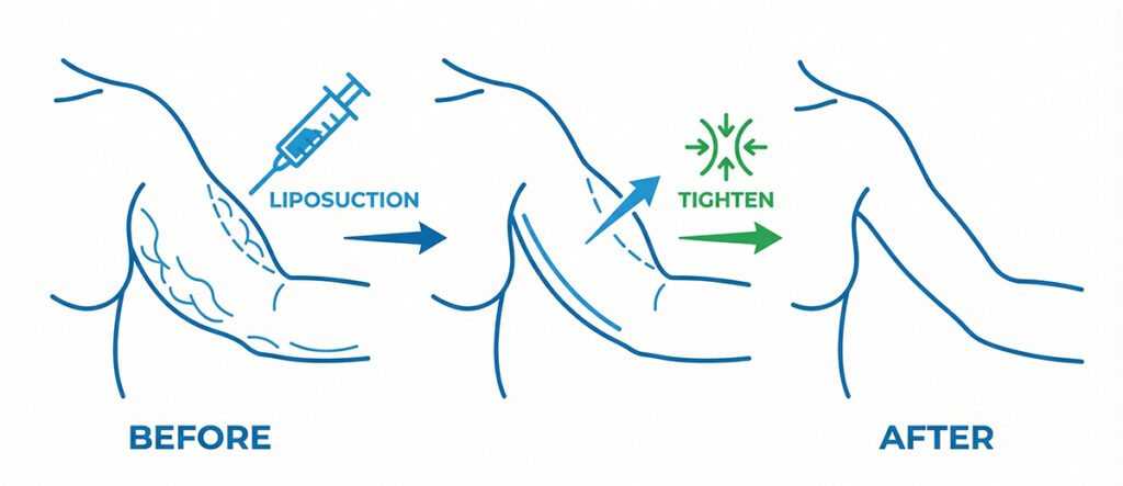 Diagram showing brachioplasty process from excess arm skin and fat to tightened, contoured upper arm after surgery