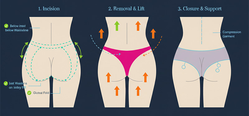 Illustrated steps of buttock lift surgery showing incision locations, tissue removal and lift, and post-op support with compression garment